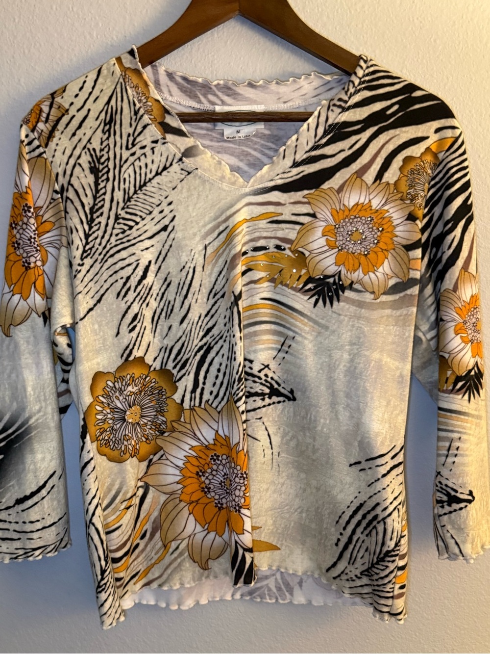 Patchington V-Neck Floral & Zebra Print Long Sleeve Top in Yellow, Black & White